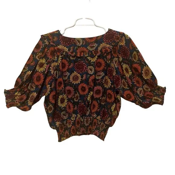 Natural Life Crop Top Smocked Floral Short Sleeve Size Médium Ruffle Shirt Boho - Picture 2 of 8